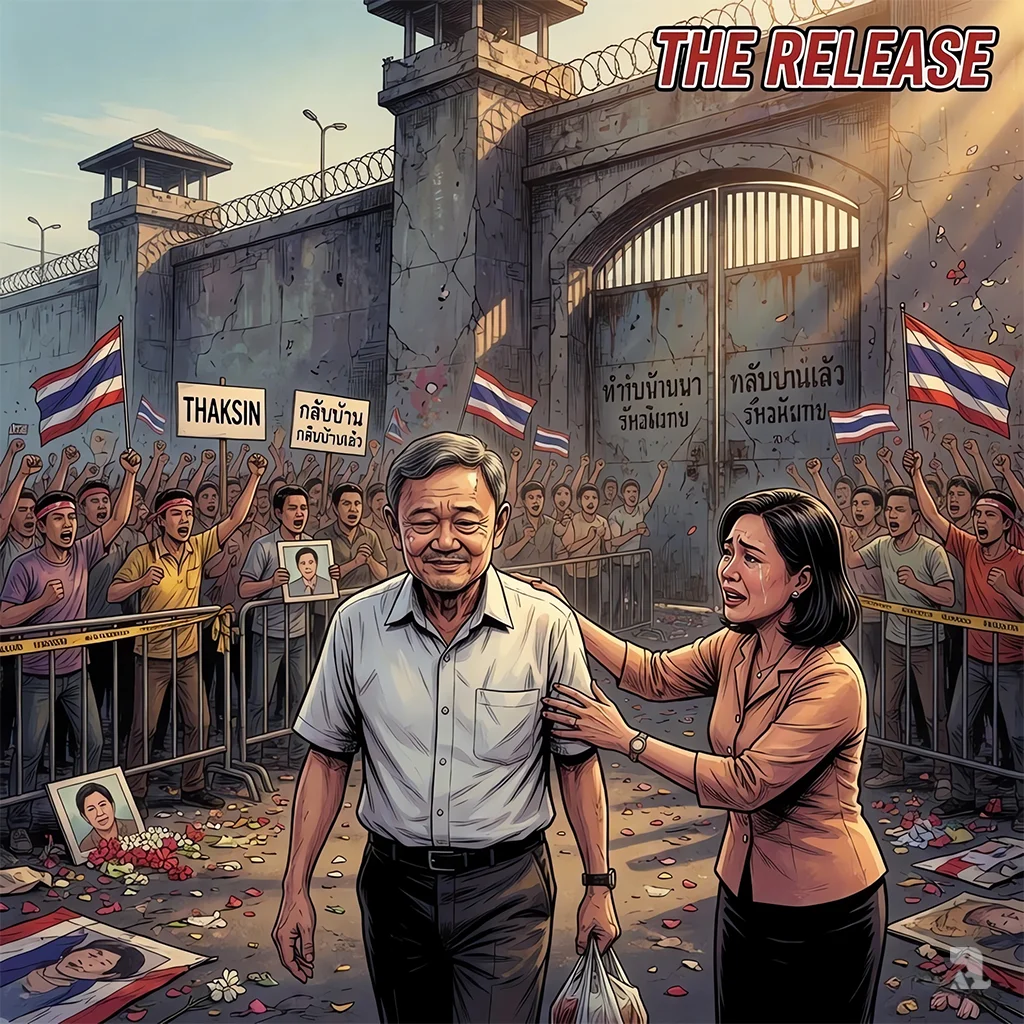 Thaksin Shinawatra walks out of Klong Prem Central Prison into morning light, greeted by daughter Paetongtarn and a crowd of supporters waving Thai flags.