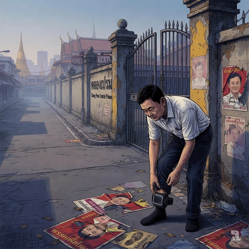 Thaksin Shinawatra stands alone outside prison, a black electronic ankle monitor visible, torn Pheu Thai Party election posters behind him symbolising diminished political power.