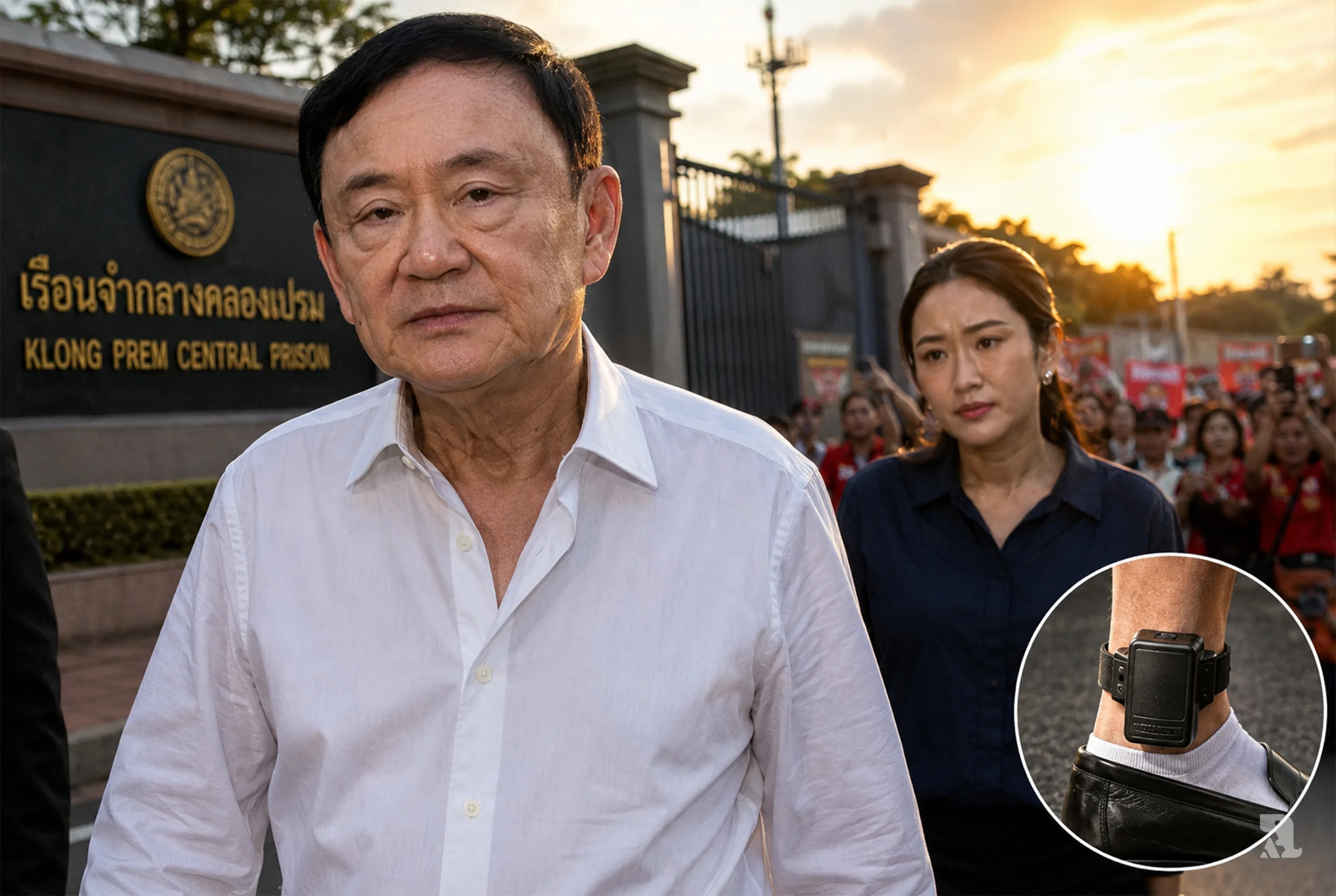 Former Thai leader Thaksin Shinawatra exits Bangkok prison wearing white shirt and ankle monitor as daughter Paetongtarn greets him after political downfall.