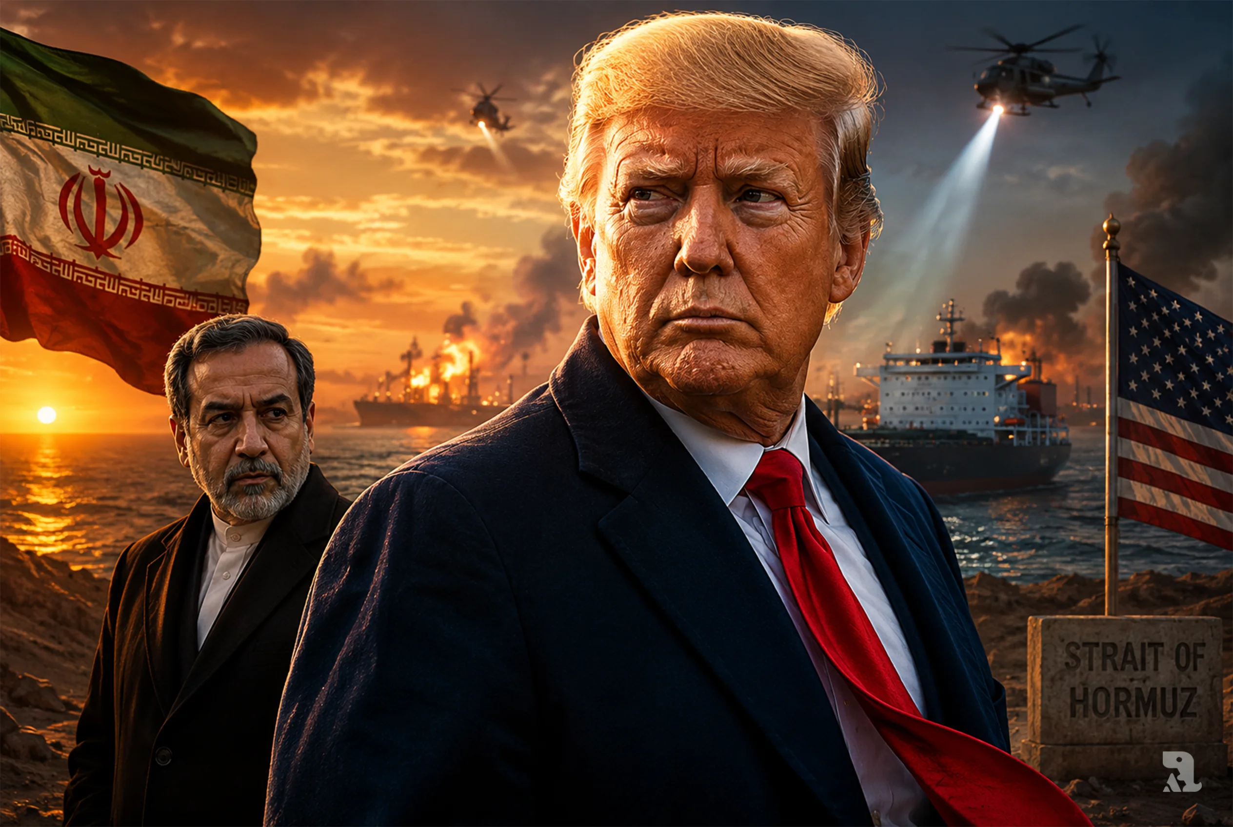 Donald Trump dominates tense US-Iran peace negotiations near the Strait of Hormuz while Iranian Foreign Minister Araghchi watches amid military escalation.